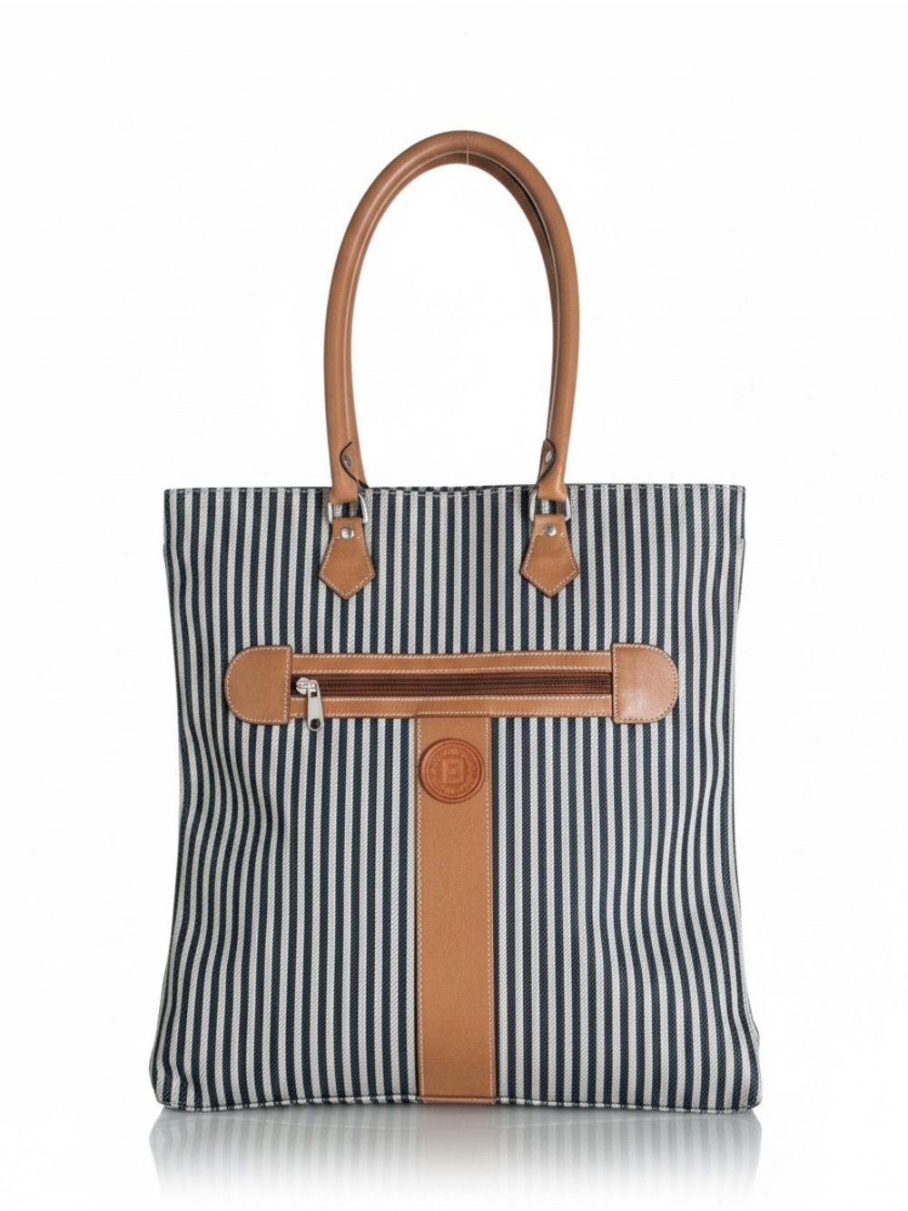 Striped fendi canvas Tote with Brown Leather Trim - Unbranded
